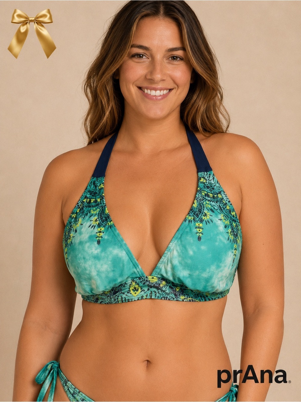 PrAna Halter Bikini Top Tie Dye Mint Green Floral Size L